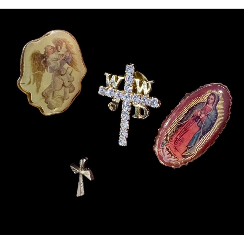Christian Brooch Pin Lot 4 WWJD Cross Angel Guadalupe Rhinestone Gold Tone